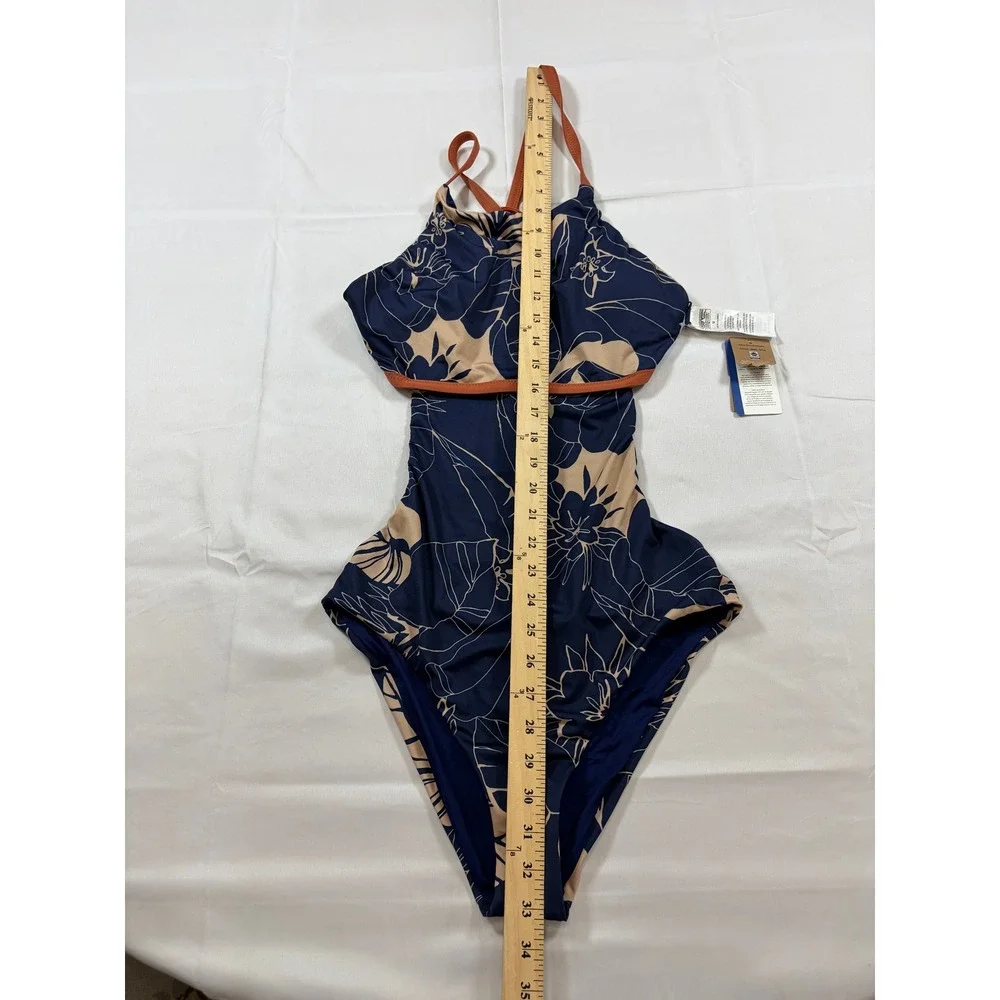 Patagonia Womens Nireta One Piece Swimsuit Navy Blue Floral Cutout High Neck M